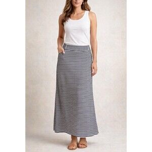 Homeeast Basics Striped A-Line Long Skirt Navy White Bow Accent Size L